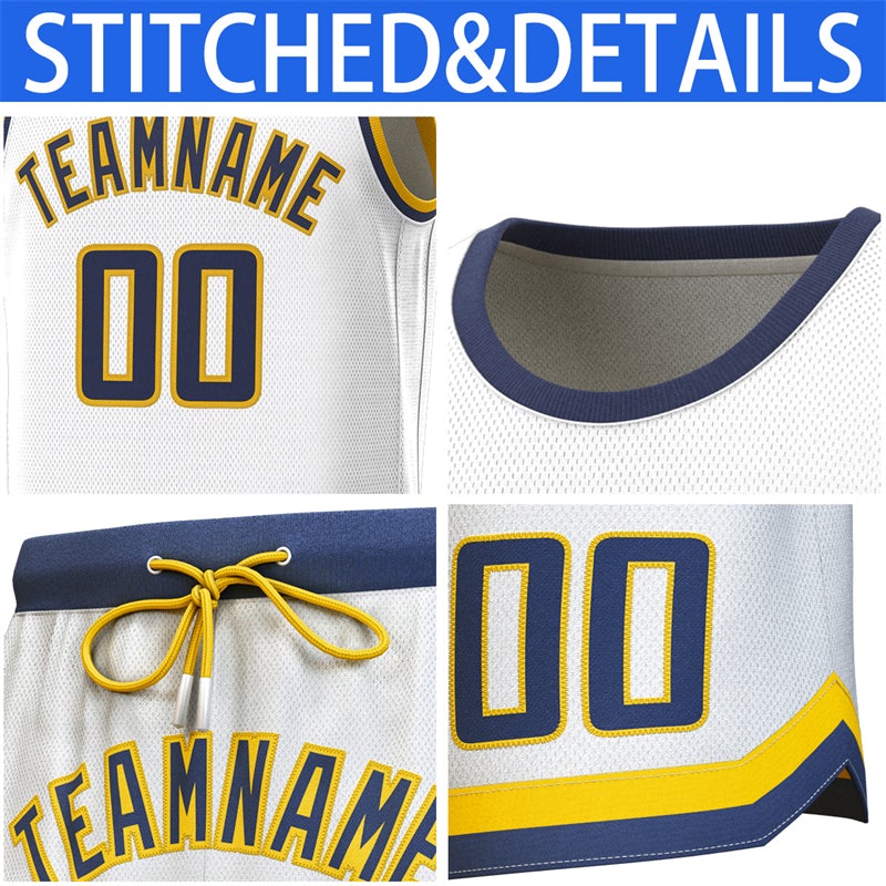 Custom White Navy-Yellow Classic Sets Basketball Jersey