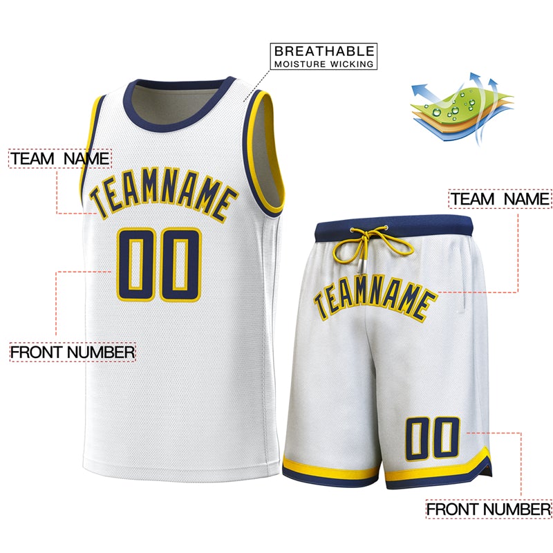 Maillot de basket-ball personnalisé blanc marine-jaune, ensembles classiques