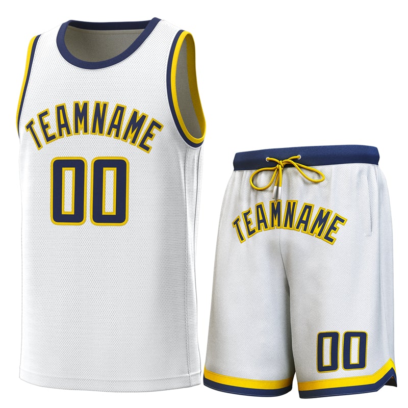 Maillot de basket-ball personnalisé blanc marine-jaune, ensembles classiques