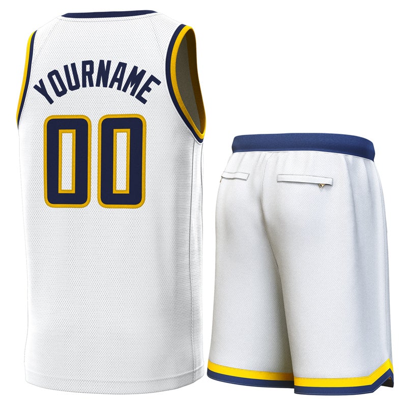 Maillot de basket-ball personnalisé blanc marine-jaune, ensembles classiques