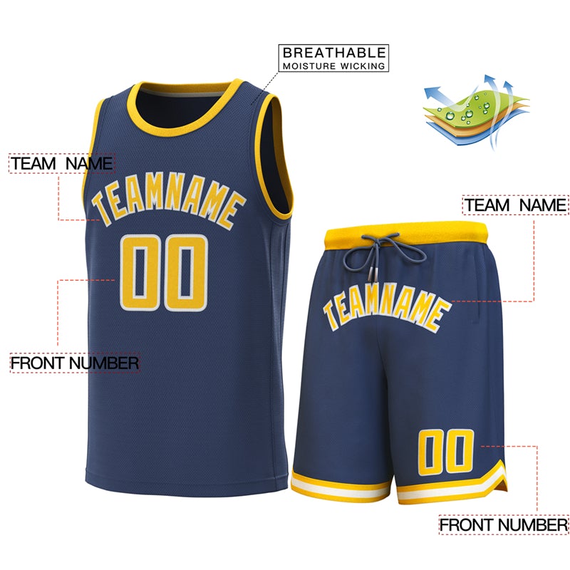 Maillot de basket-ball personnalisé, ensembles classiques jaune marine