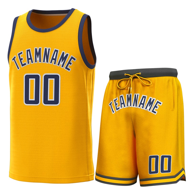 Maillot de basket-ball personnalisé jaune marine-blanc, ensembles classiques