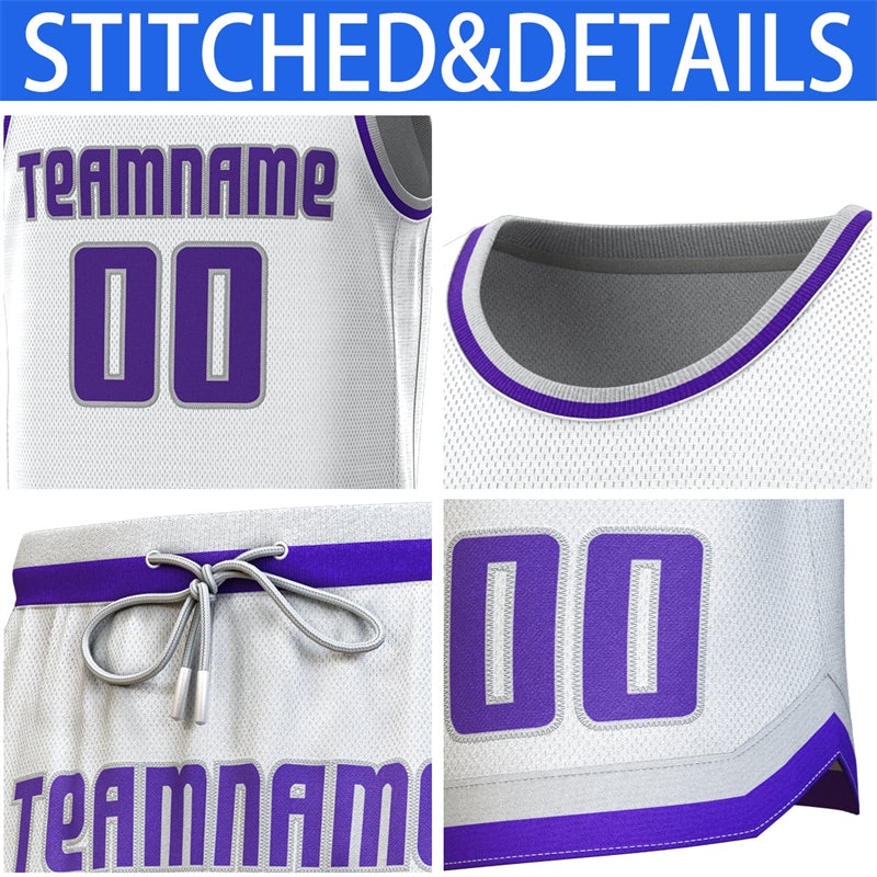 Maillot de basket-ball personnalisé blanc gris-violet, ensembles classiques