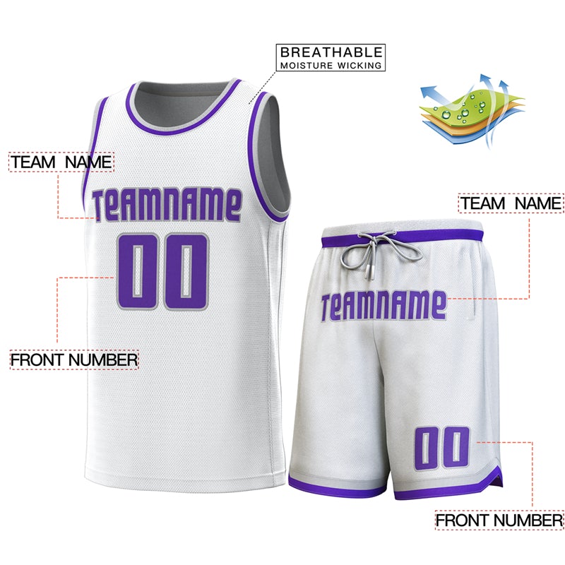 Maillot de basket-ball personnalisé blanc gris-violet, ensembles classiques