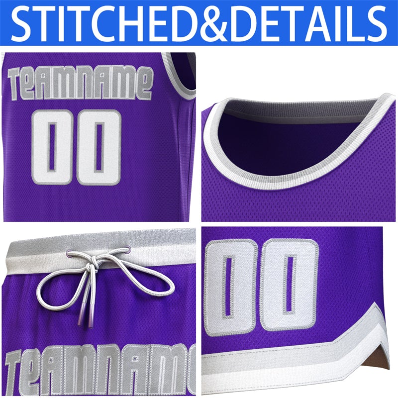 Maillot de basket-ball personnalisé violet gris-blanc, ensembles classiques