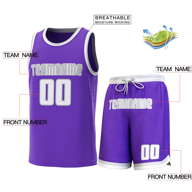 Maillot de basket-ball personnalisé violet gris-blanc, ensembles classiques