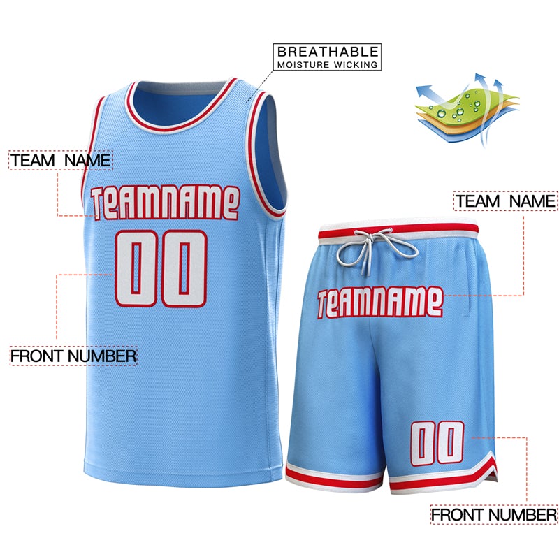 Maillot de basket-ball personnalisé bleu clair blanc-rouge, ensembles classiques