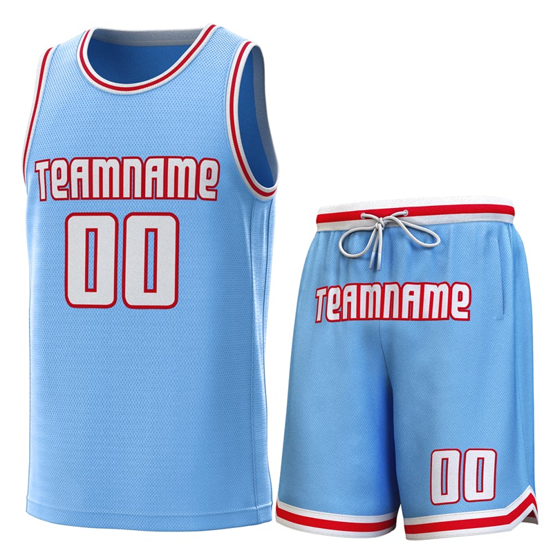 Maillot de basket-ball personnalisé bleu clair blanc-rouge, ensembles classiques