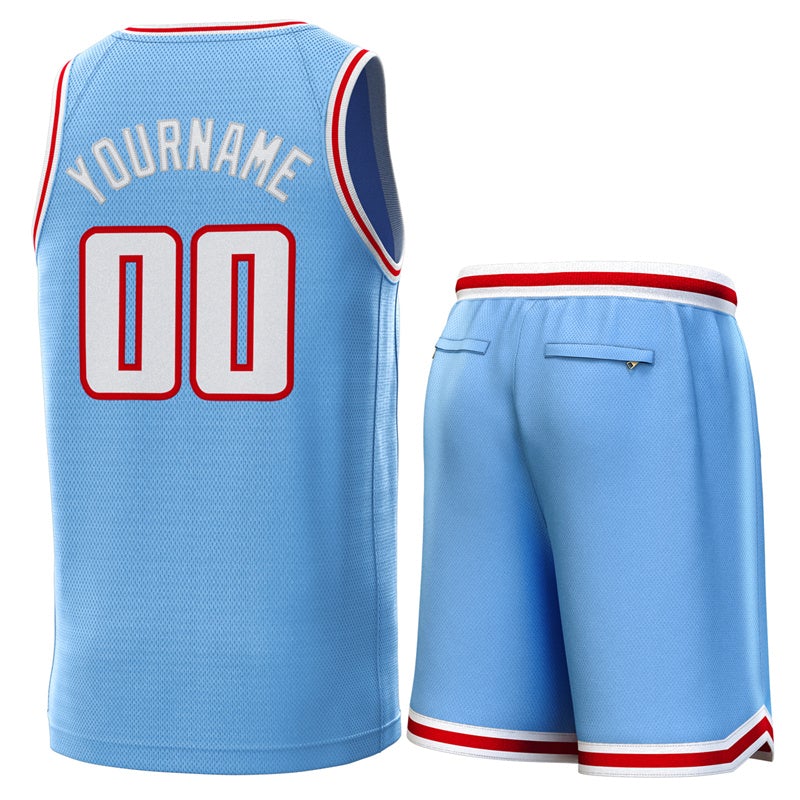 Maillot de basket-ball personnalisé bleu clair blanc-rouge, ensembles classiques