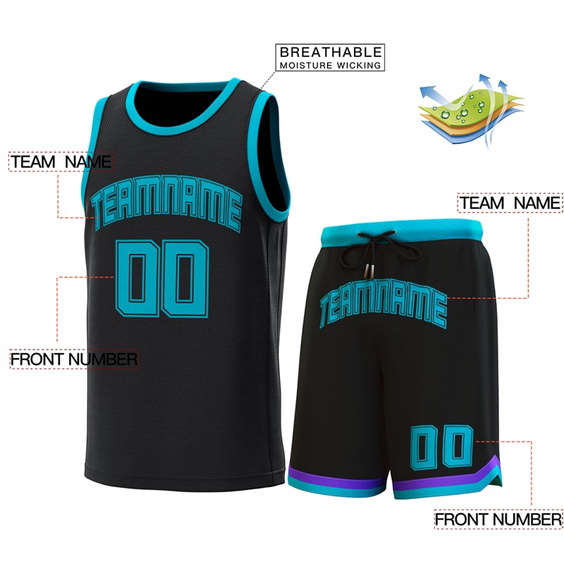 Maillot de basket-ball personnalisé noir sarcelle, ensembles classiques