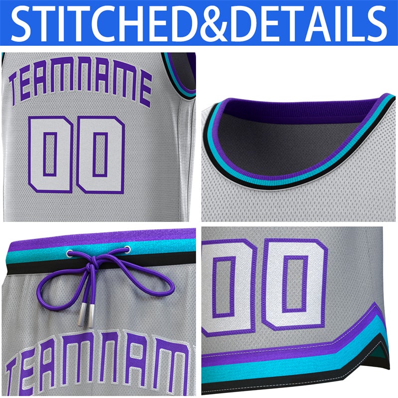 Maillot de basket-ball personnalisé gris violet sarcelle-noir, ensembles classiques