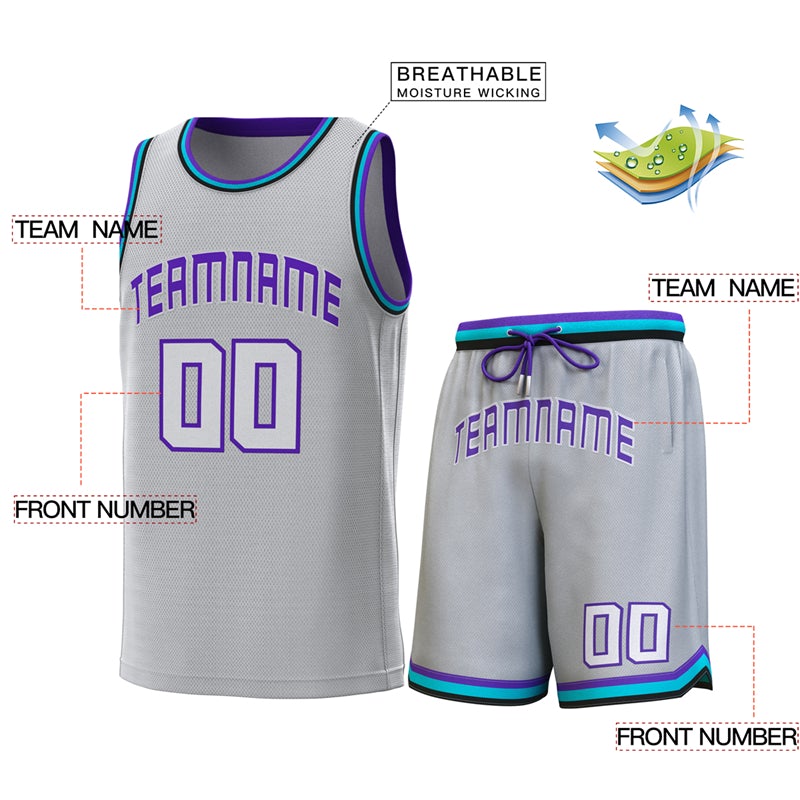 Custom Gray Purple Teal-Black Classic Sets Basketball Jersey