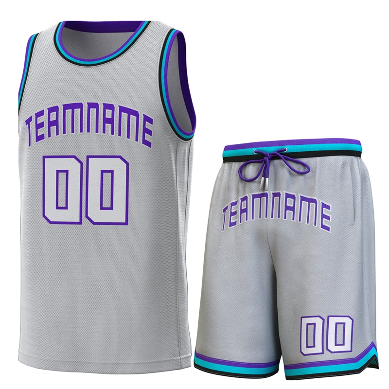 Maillot de basket-ball personnalisé gris violet sarcelle-noir, ensembles classiques