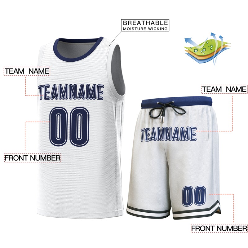 Maillot de basket-ball personnalisé blanc marine Lt bleu, ensembles classiques