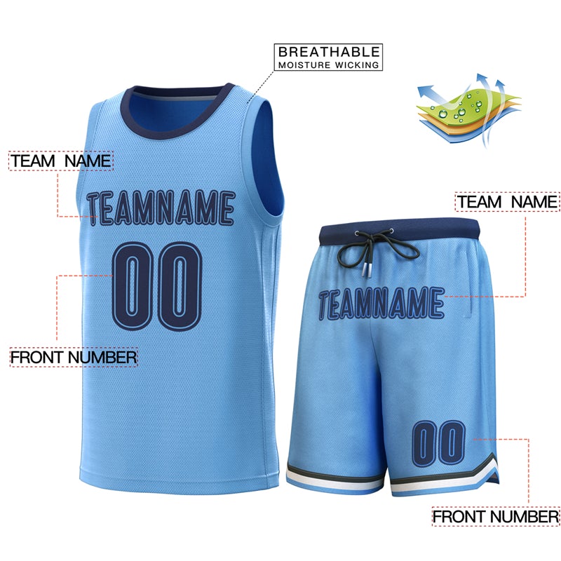 Maillot de basket-ball bleu clair personnalisé, ensembles classiques de la marine