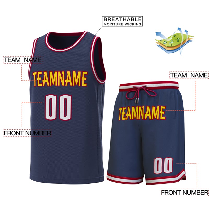 Maillot de basket-ball personnalisé, ensembles classiques bleu marine cramoisi-blanc