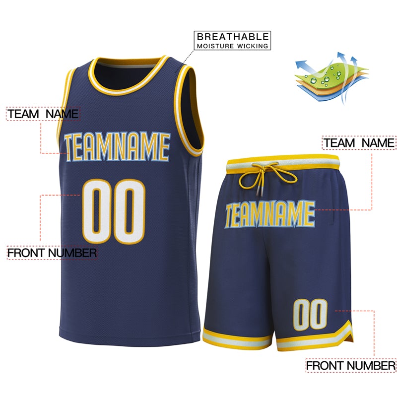 Maillot de basket-ball personnalisé, ensembles classiques jaune-jaune marine