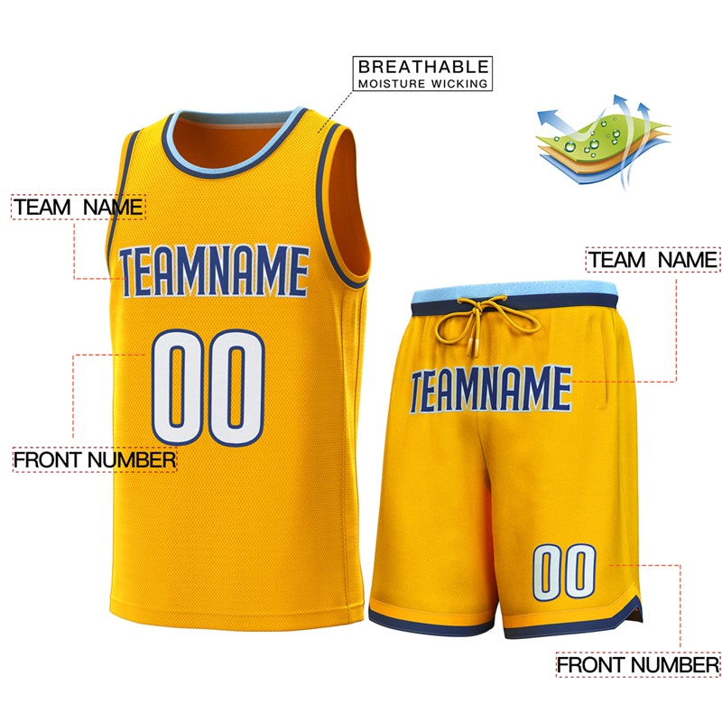 Maillot de basket-ball personnalisé jaune Lt bleu marine, ensembles classiques