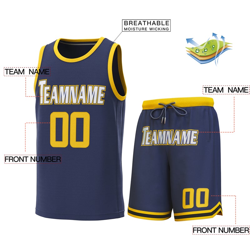 Maillot de basket-ball personnalisé, ensembles classiques jaune marine