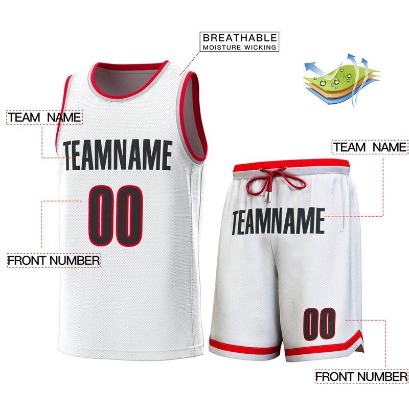 Maillot de basket-ball personnalisé blanc rouge-gris, ensembles classiques