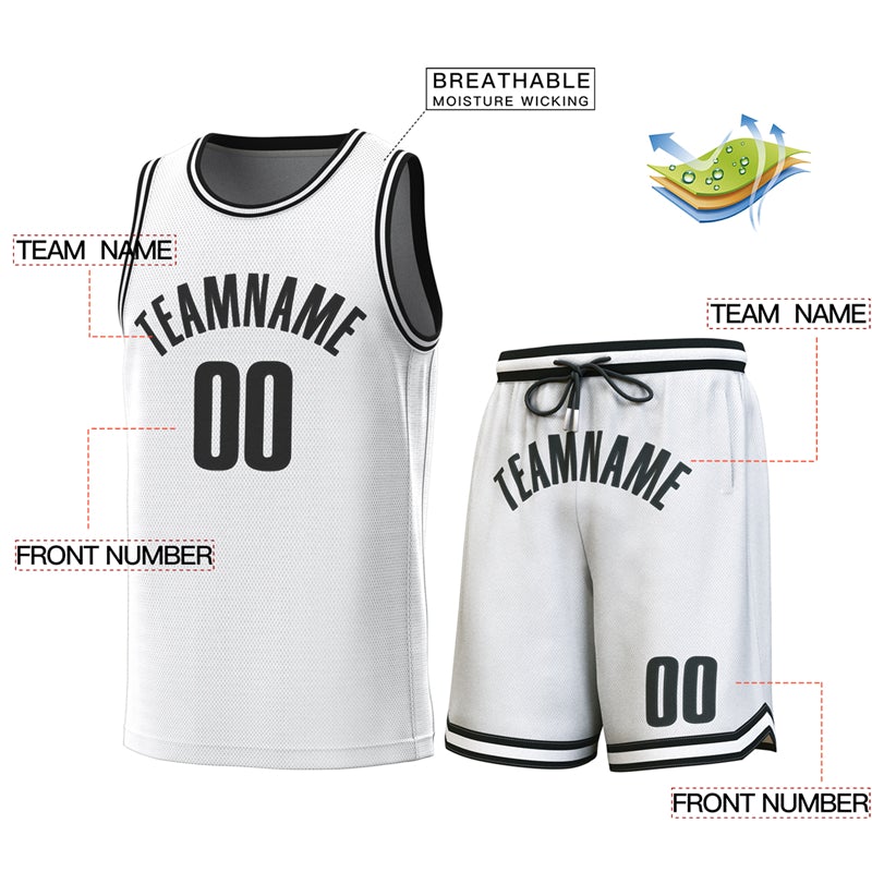 Maillot de basket-ball personnalisé blanc noir-blanc, ensembles classiques