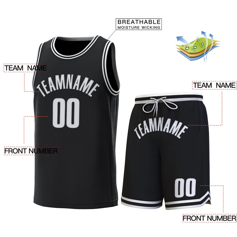 Maillot de basket-ball personnalisé noir blanc-noir, ensembles classiques