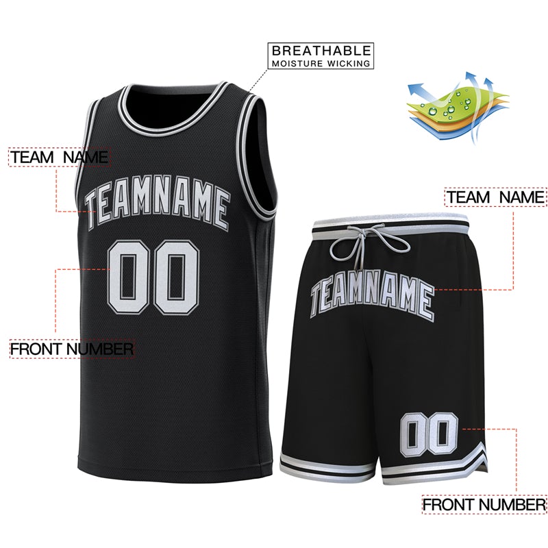 Maillot de basket-ball personnalisé noir gris-noir, ensembles classiques