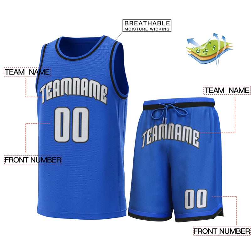 Maillot de basket-ball personnalisé bleu clair noir, ensembles classiques