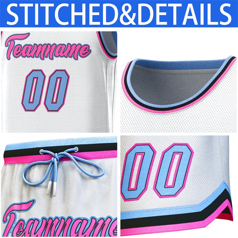 Maillot de basket-ball personnalisé blanc bleu clair-rose, ensembles classiques