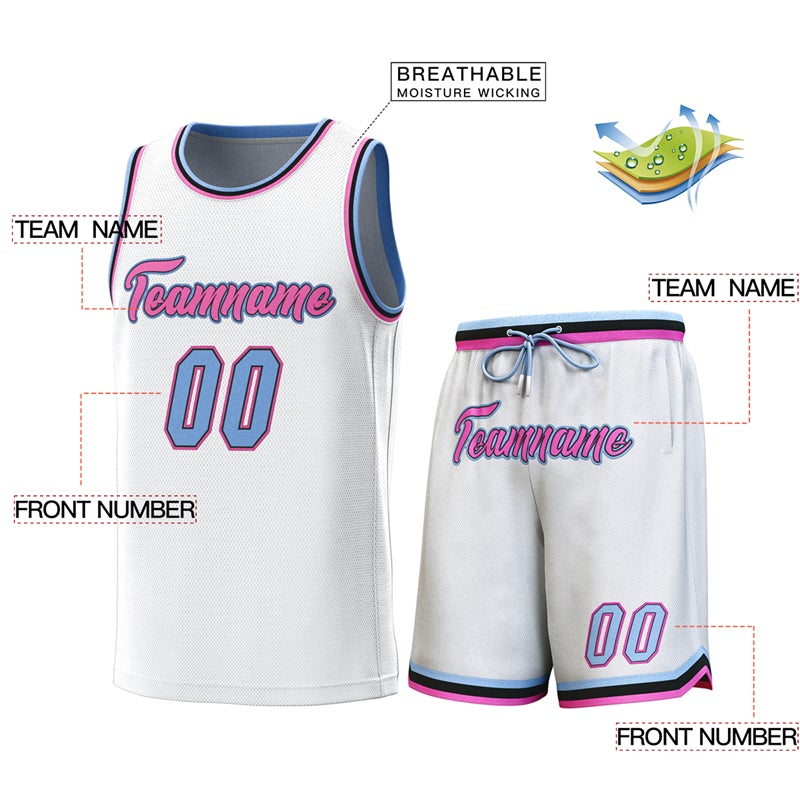 Maillot de basket-ball personnalisé blanc bleu clair-rose, ensembles classiques