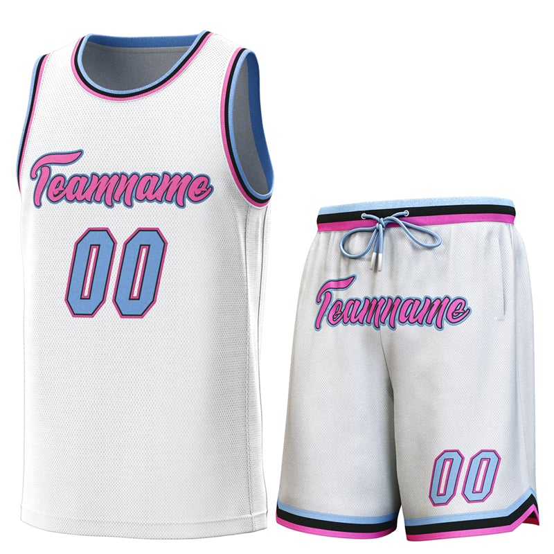 Maillot de basket-ball personnalisé blanc bleu clair-rose, ensembles classiques