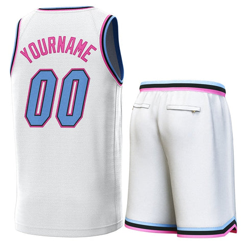 Custom White Light Blue-Pink Classic Sets Basketball Jersey