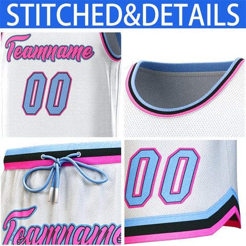 Custom White Light Blue-Pink Classic Sets Basketball Jersey