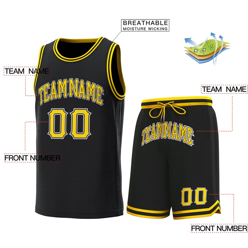 Maillot de basket-ball personnalisé noir jaune-jaune, ensembles classiques