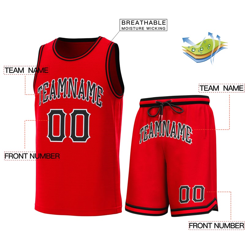 Maillot de basket-ball personnalisé rouge noir-rouge, ensembles classiques