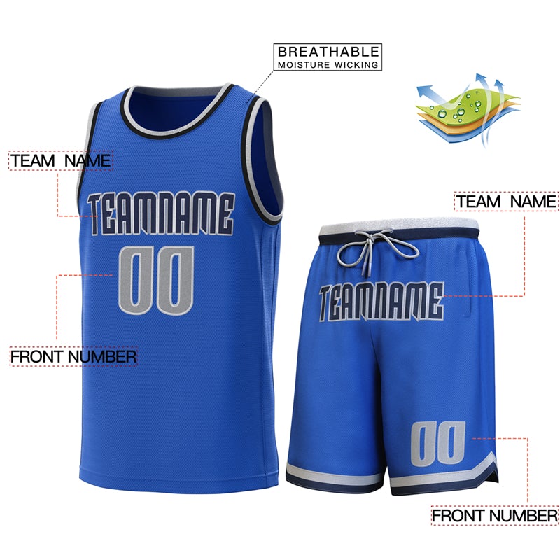 Maillot de basket-ball personnalisé bleu clair gris-marine, ensembles classiques