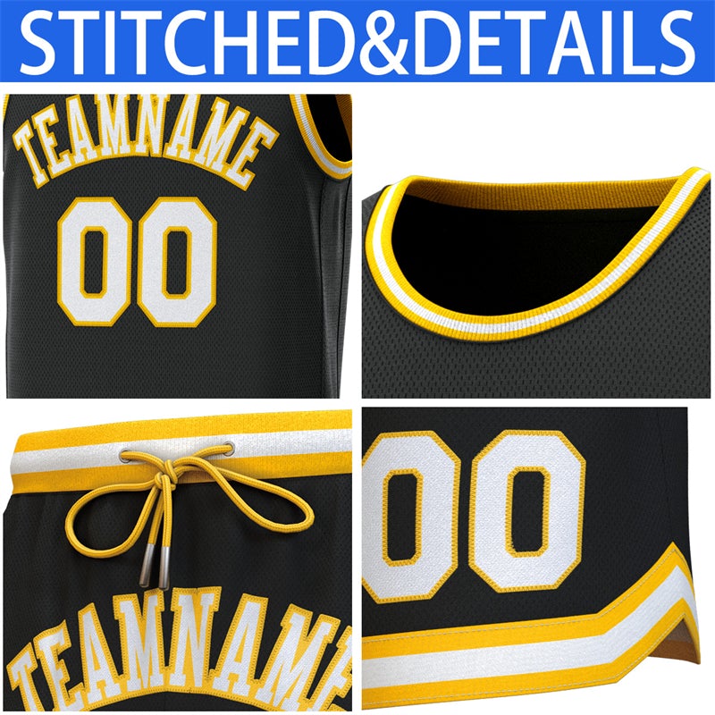 Maillot de basket-ball personnalisé noir jaune-blanc, ensembles classiques