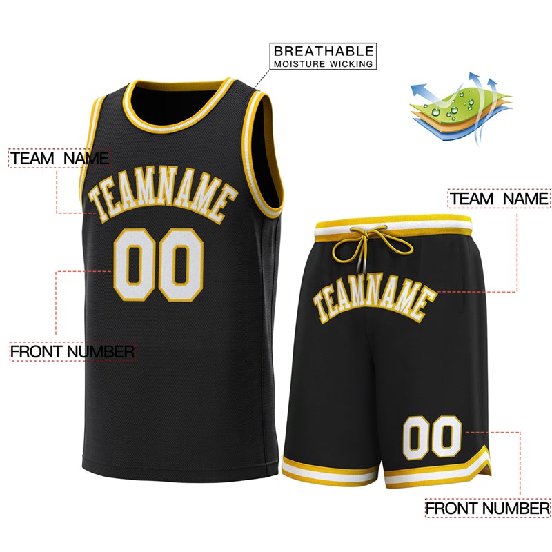 Maillot de basket-ball personnalisé noir jaune-blanc, ensembles classiques