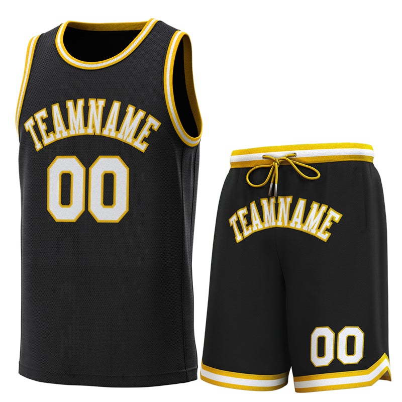 Maillot de basket-ball personnalisé noir jaune-blanc, ensembles classiques