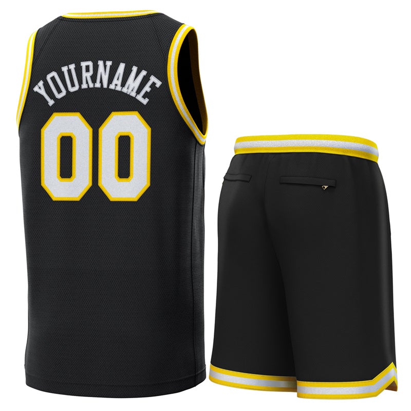 Maillot de basket-ball personnalisé noir jaune-blanc, ensembles classiques