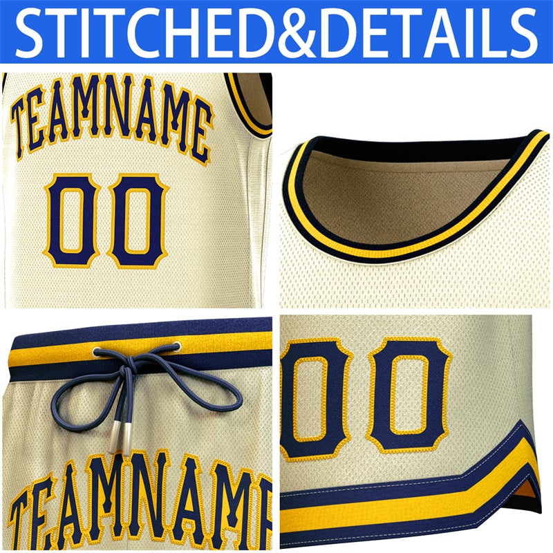 Custom Cream Navy-Yellow Classic Sets Basketball Jersey