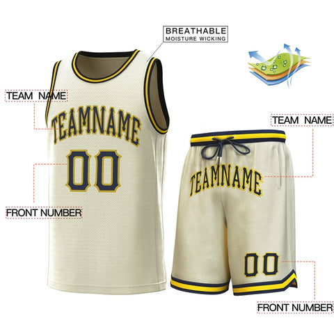 Custom Cream Navy-Yellow Classic Sets Basketball Jersey