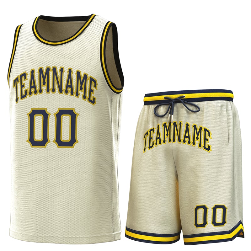 Custom Cream Navy-Yellow Classic Sets Basketball Jersey