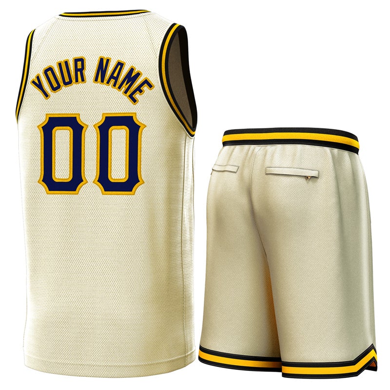 Custom Cream Navy-Yellow Classic Sets Basketball Jersey