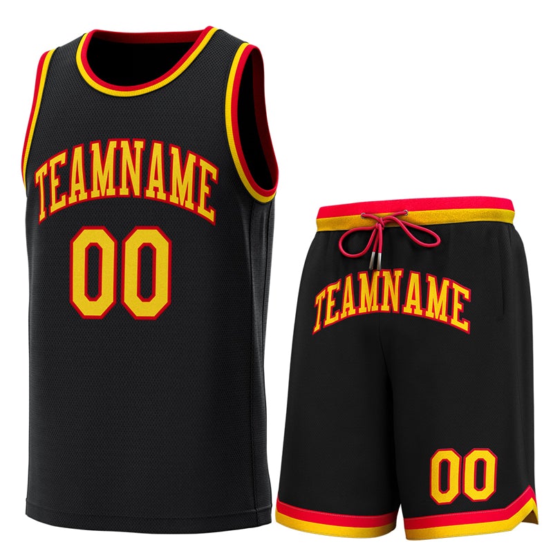 Maillot de basket-ball personnalisé noir rouge-jaune, ensembles classiques