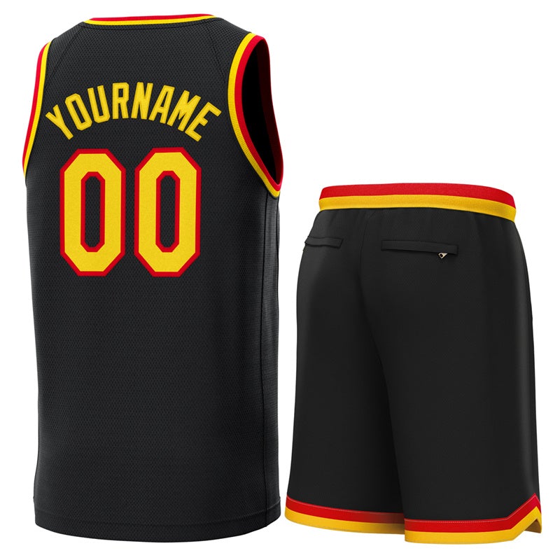 Maillot de basket-ball personnalisé noir rouge-jaune, ensembles classiques