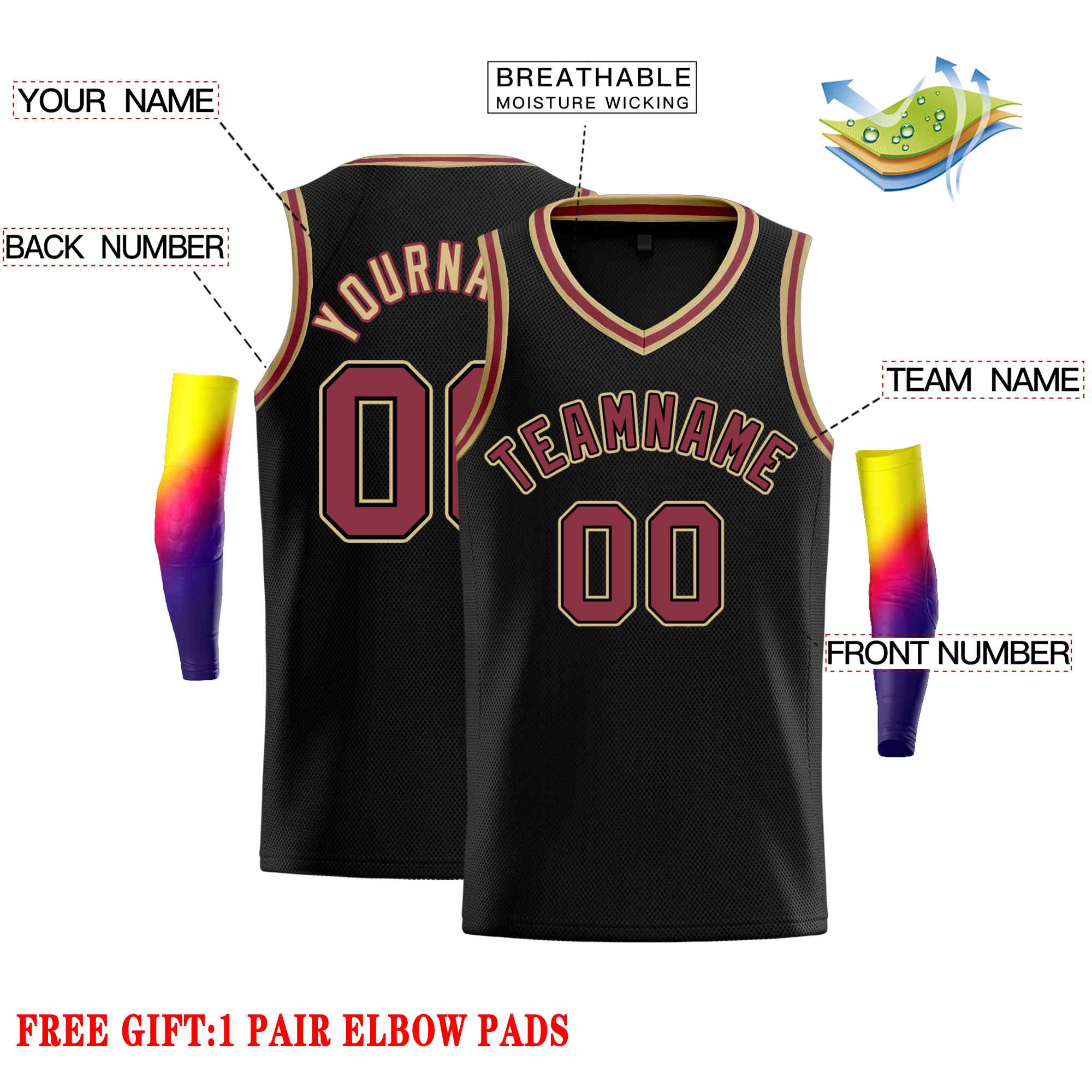 Maillot de basket-ball personnalisé pour hommes, haut classique noir marron-vieil or, décontracté