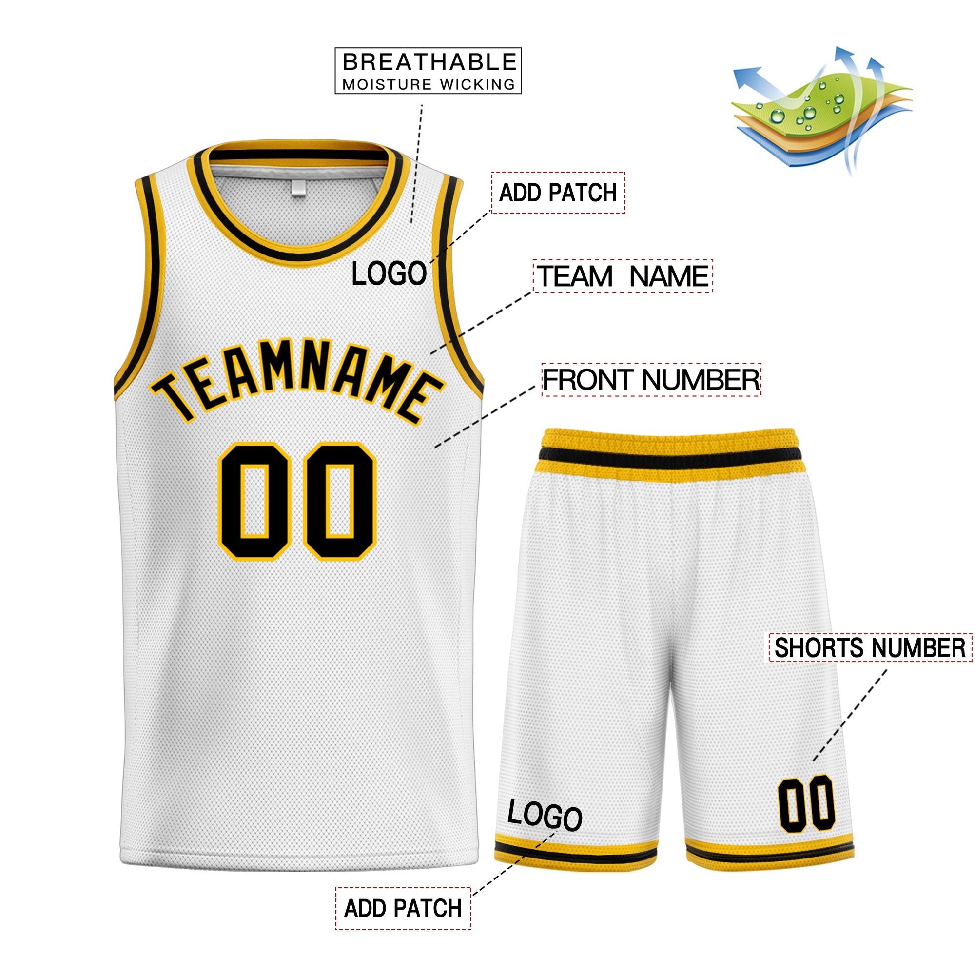 Custom White Black-Yellow Classic Sets Curved Basketball Jersey