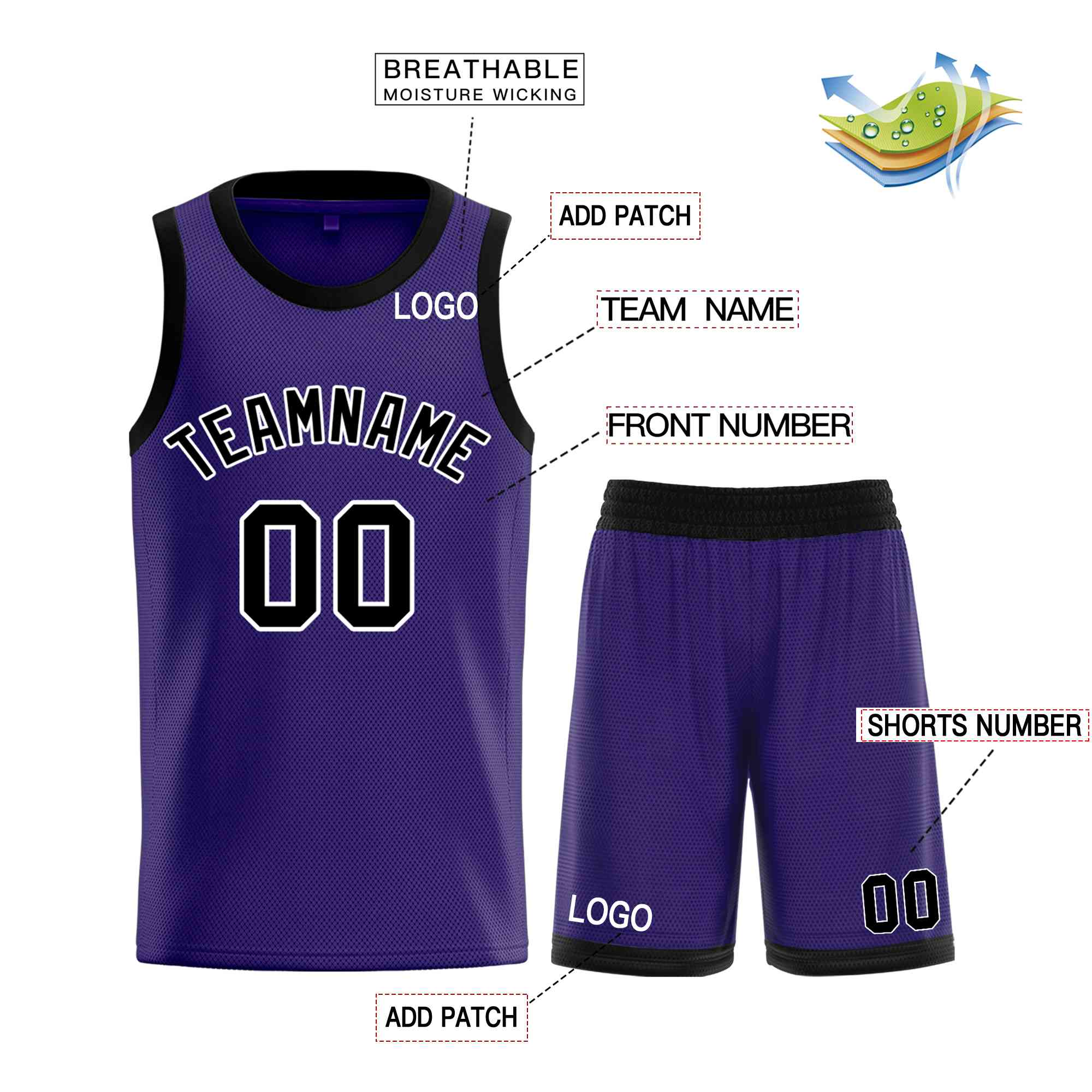 Maillot de basket-ball incurvé personnalisé, violet, noir et blanc, ensembles classiques de taureau