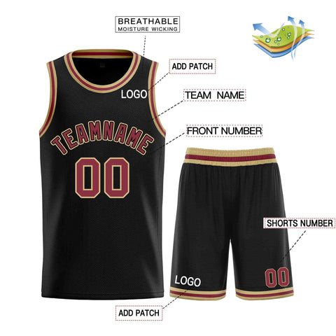 Custom Black Red-Old Gold Classic Sets Curved Basketball Jersey